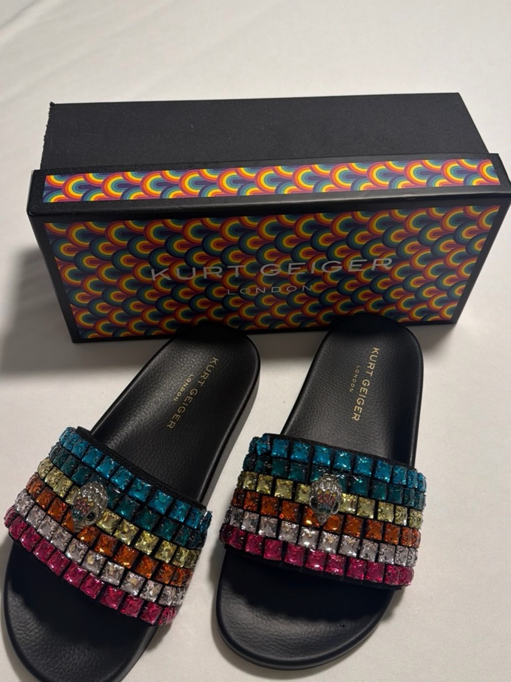 Kurt Geiger Black Slides with Multicolor Crystal Straps